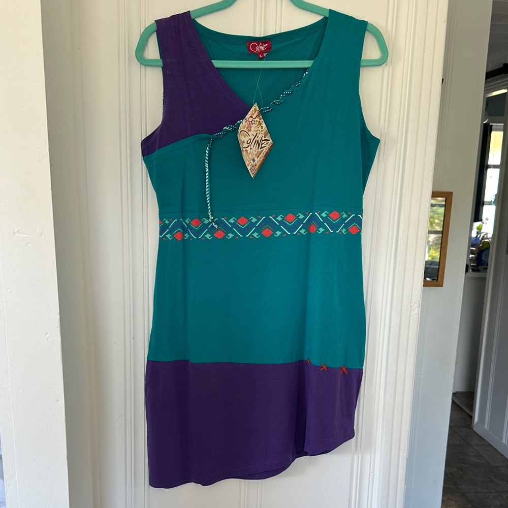 Sleeveless Teal and Purple Embroidered Mini Dress